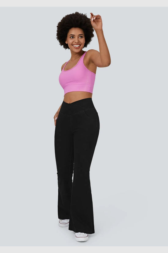 Pantalon évasé croisé taille haute en denim extensible