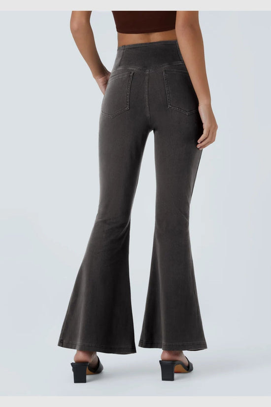 Pantalon évasé croisé taille haute en denim extensible