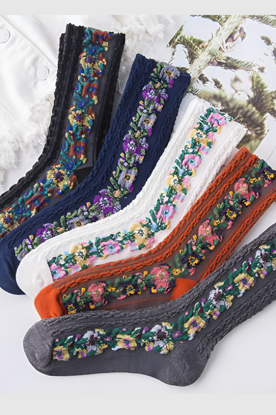 Pack 5 paire - Chaussettes à Fleurs Brodées Vintage