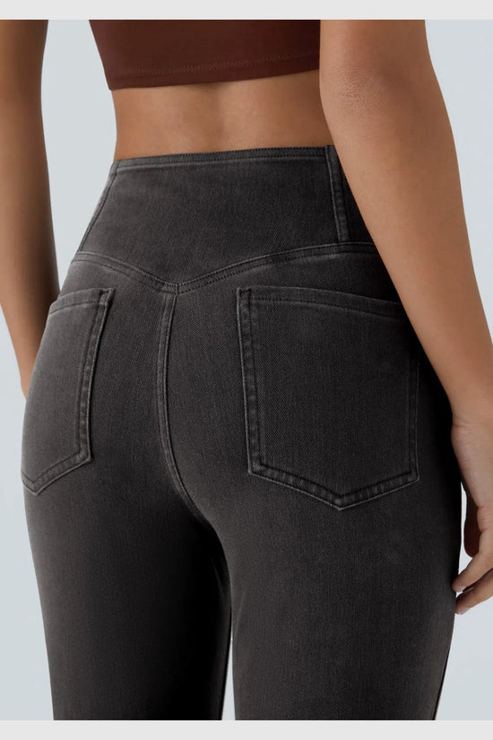 Pantalon évasé croisé taille haute en denim extensible