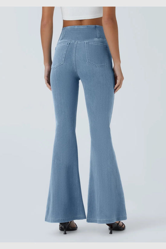 Pantalon évasé croisé taille haute en denim extensible