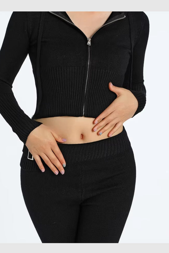 Ensemble Lounge Côtelé Confort – Hoodie Zippé & Pantalon Taille Haute