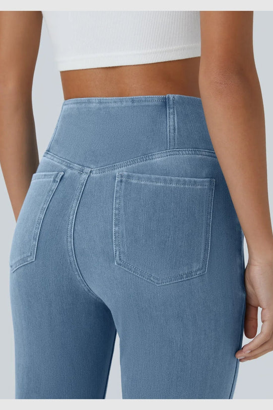 Pantalon évasé croisé taille haute en denim extensible
