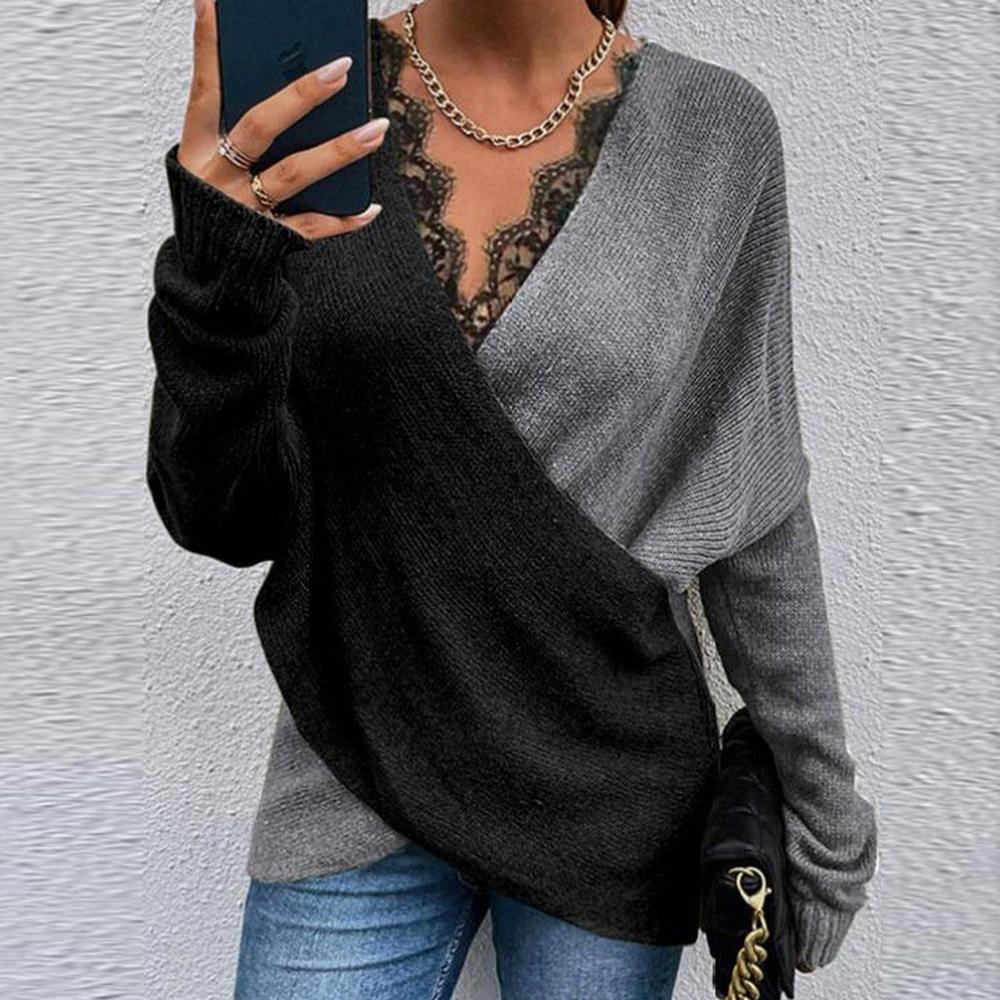 CAMILLE | Pull à Manches Longues avec Design Bicolore et Col V