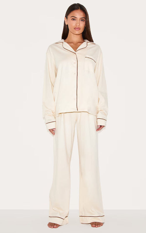 Bust-Friendly Cream Dream Piped - PJ Set - Aurelivy