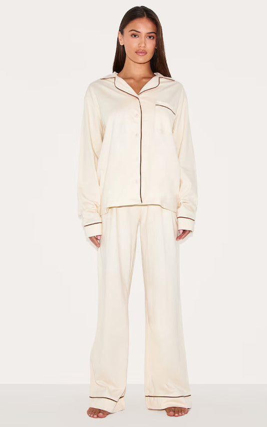 Bust-Friendly Cream Dream Piped - PJ Set - Aurelivy