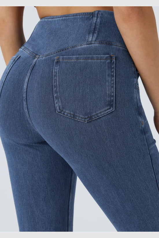 Pantalon évasé croisé taille haute en denim extensible