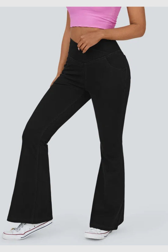 Pantalon évasé croisé taille haute en denim extensible