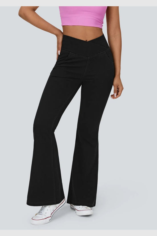 Pantalon évasé croisé taille haute en denim extensible