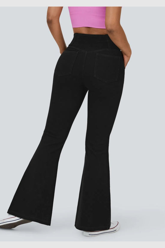Pantalon évasé croisé taille haute en denim extensible