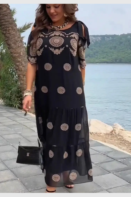 Robe Longue Bohème Imprimée en Dentelle Noire