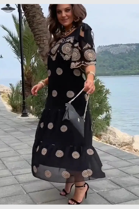Robe Longue Bohème Imprimée en Dentelle Noire
