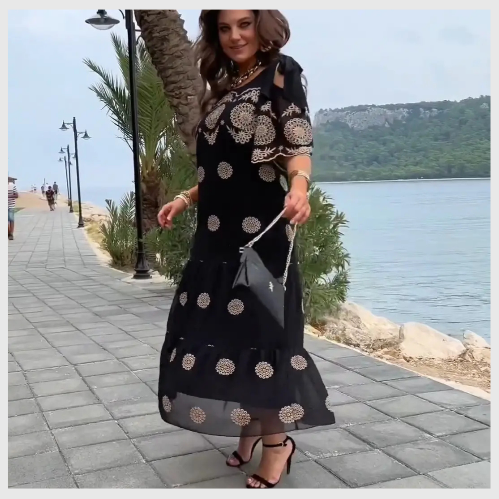 Robe Longue Bohème Imprimée en Dentelle Noire