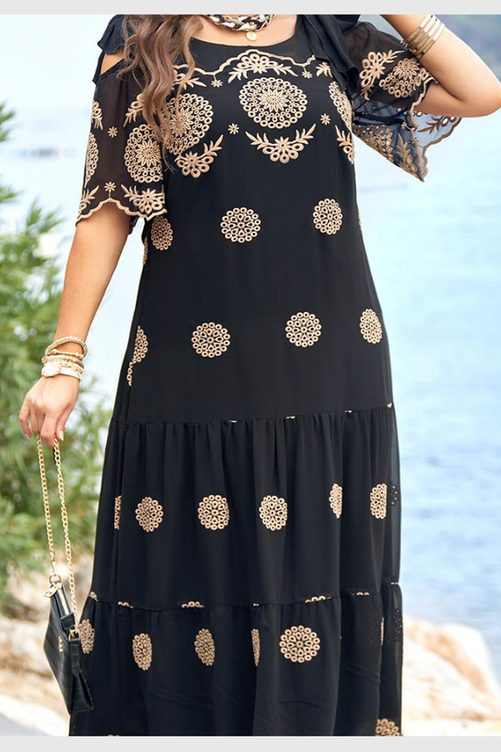 Robe Longue Bohème Imprimée en Dentelle Noire