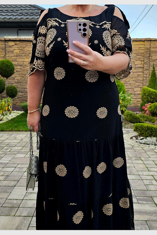 Robe Longue Bohème Imprimée en Dentelle Noire