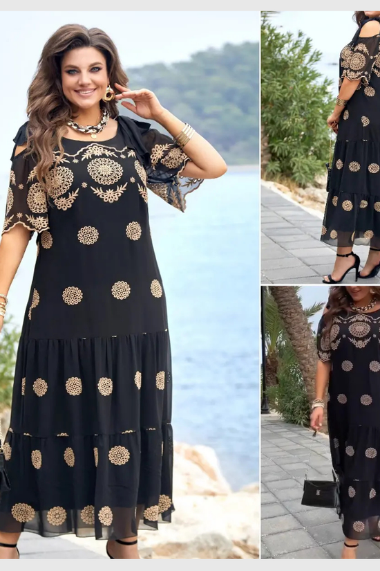Robe Longue Bohème Imprimée en Dentelle Noire