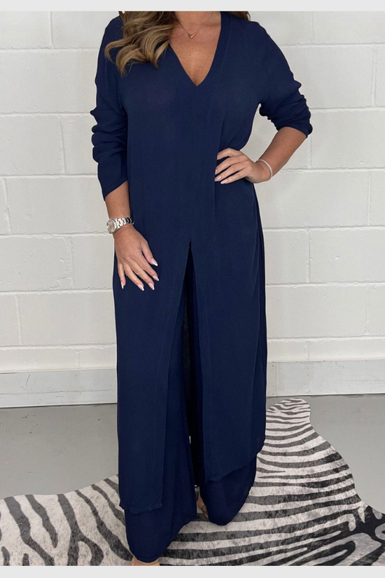 Ensemble Femme Élégant Haut Long et Pantalon Uni