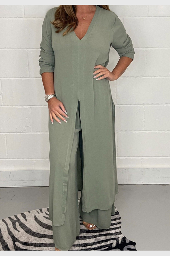 Ensemble Femme Élégant Haut Long et Pantalon Uni