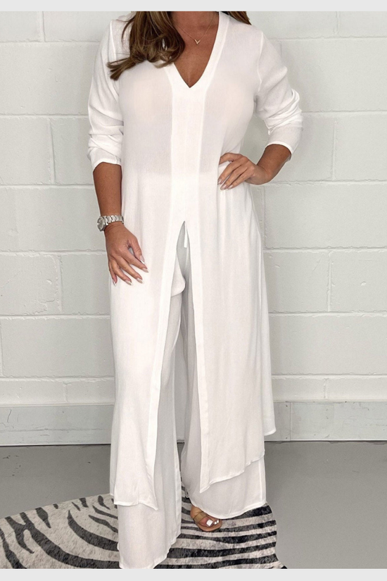 Ensemble Femme Élégant Haut Long et Pantalon Uni