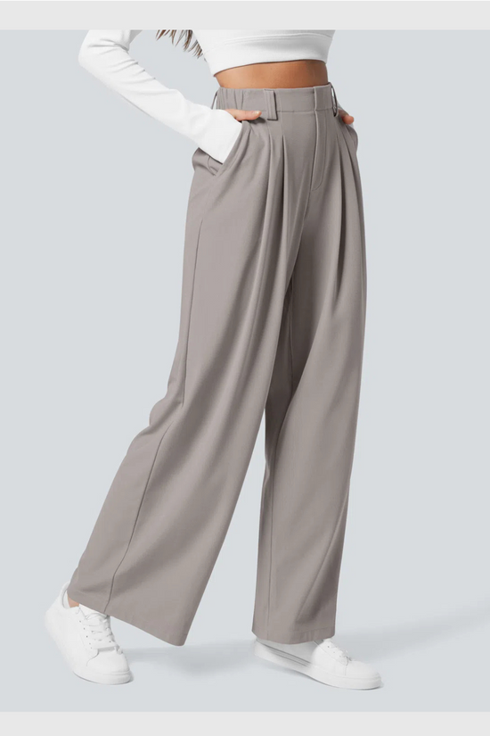 ComfyFlex™ - Pantalon Tailleur Gaufré Taille Haute Poches Latérales Jambe Large