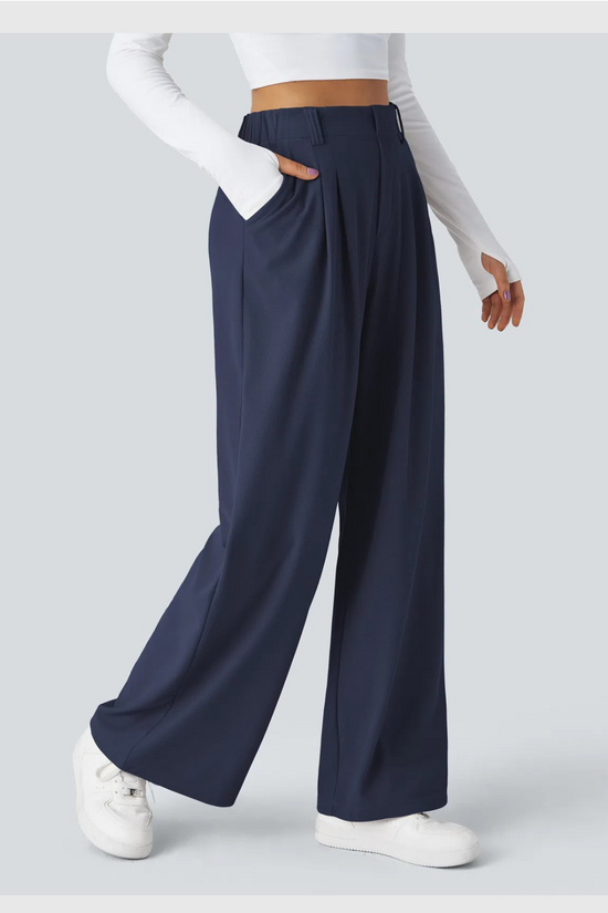 ComfyFlex™ - Pantalon Tailleur Gaufré Taille Haute Poches Latérales Jambe Large