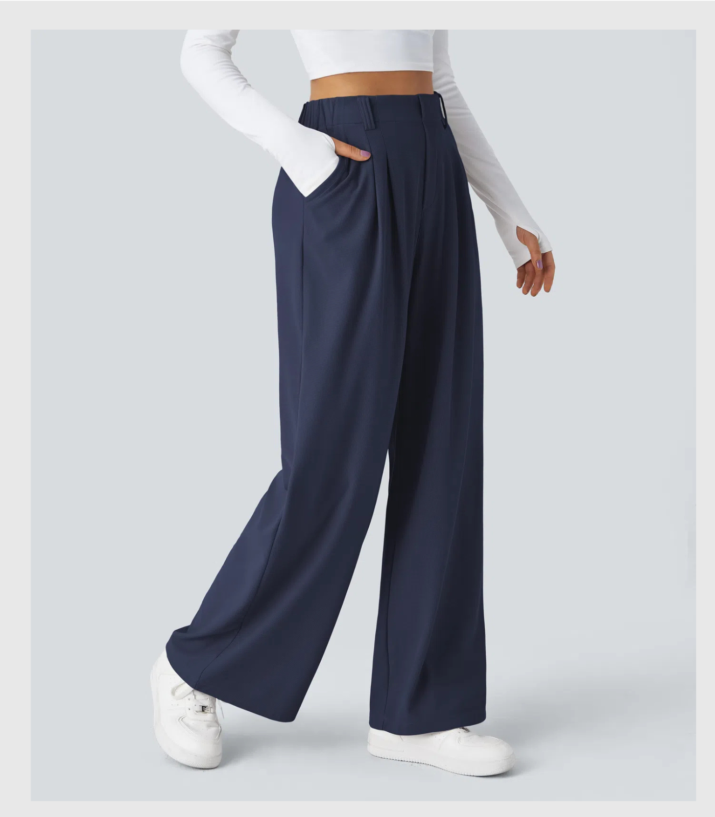 ComfyFlex™ - Pantalon Tailleur Gaufré Taille Haute Poches Latérales Jambe Large