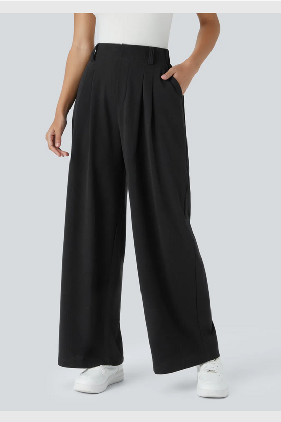 ComfyFlex™ - Pantalon Tailleur Gaufré Taille Haute Poches Latérales Jambe Large