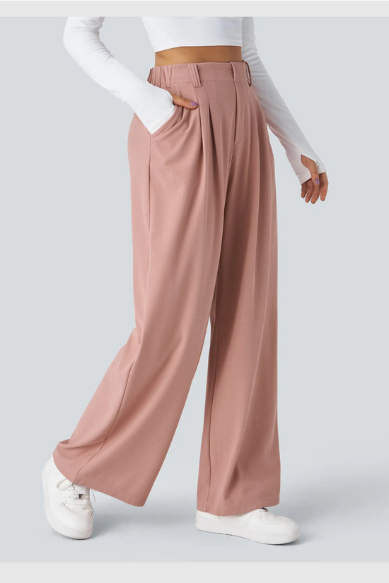 ComfyFlex™ - Pantalon Tailleur Gaufré Taille Haute Poches Latérales Jambe Large