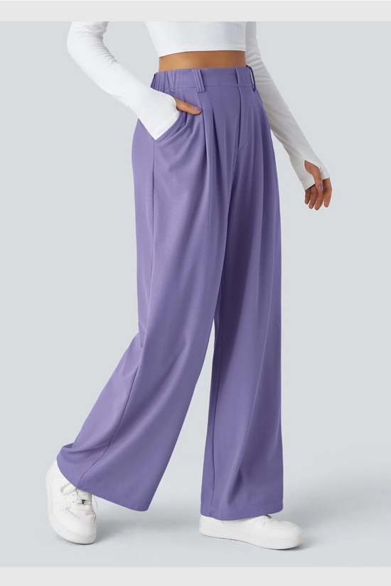 ComfyFlex™ - Pantalon Tailleur Gaufré Taille Haute Poches Latérales Jambe Large