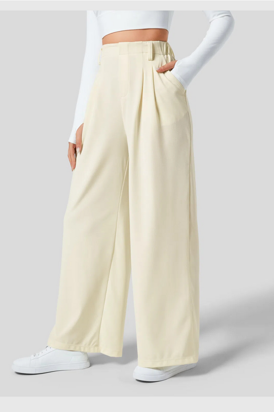 ComfyFlex™ - Pantalon Tailleur Gaufré Taille Haute Poches Latérales Jambe Large