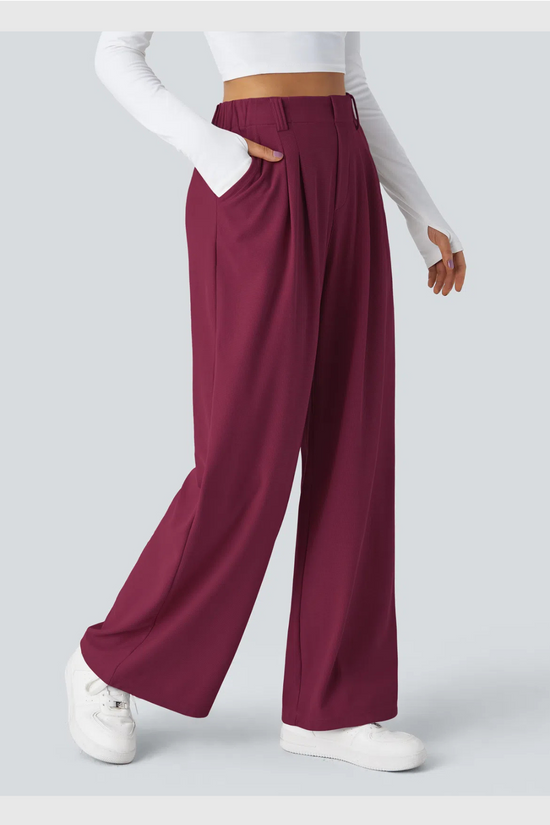 ComfyFlex™ - Pantalon Tailleur Gaufré Taille Haute Poches Latérales Jambe Large