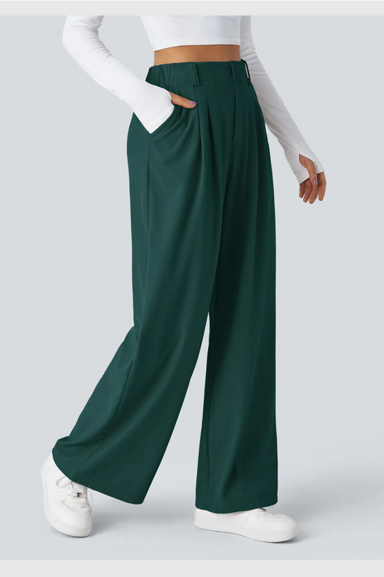 ComfyFlex™ - Pantalon Tailleur Gaufré Taille Haute Poches Latérales Jambe Large