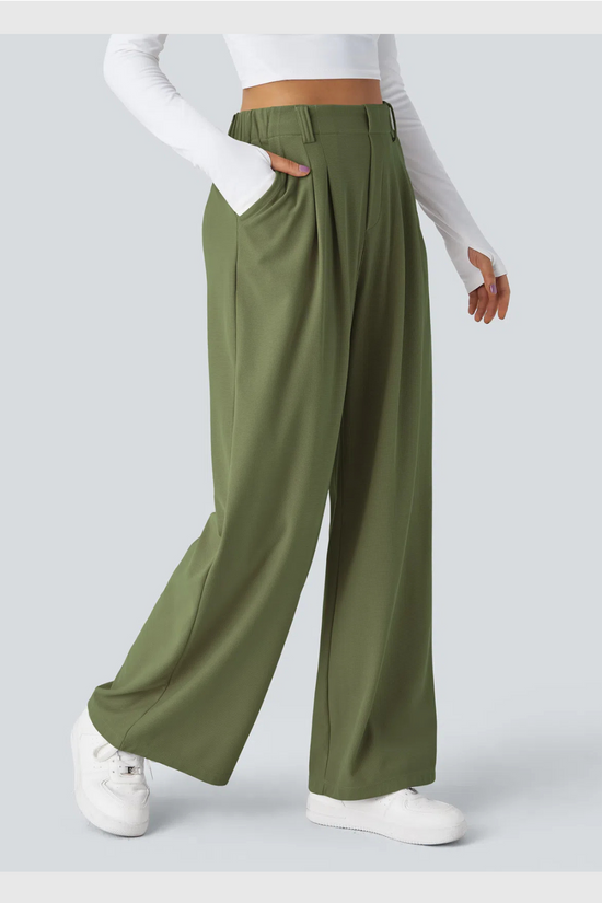 ComfyFlex™ - Pantalon Tailleur Gaufré Taille Haute Poches Latérales Jambe Large