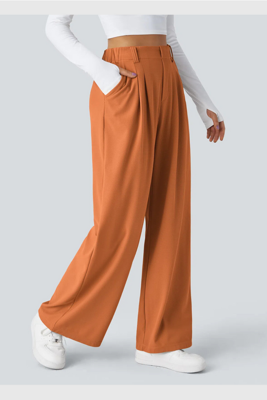 ComfyFlex™ - Pantalon Tailleur Gaufré Taille Haute Poches Latérales Jambe Large