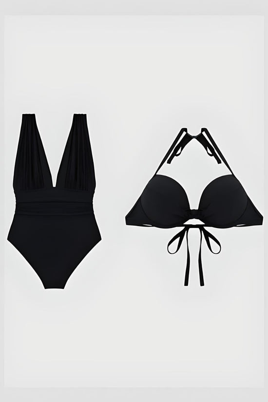 Maillot de bain deux pièces  à décolleté plongeant et froncé avec soutien-gorge dos nu