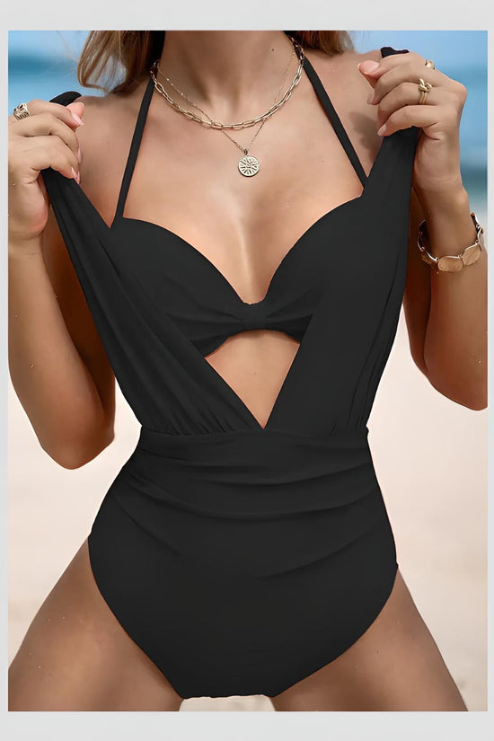 Maillot de bain deux pièces  à décolleté plongeant et froncé avec soutien-gorge dos nu