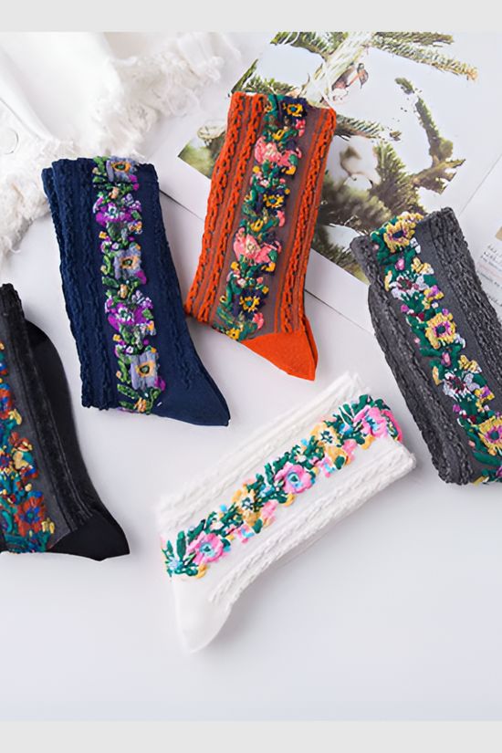 Pack 5 paire - Chaussettes à Fleurs Brodées Vintage