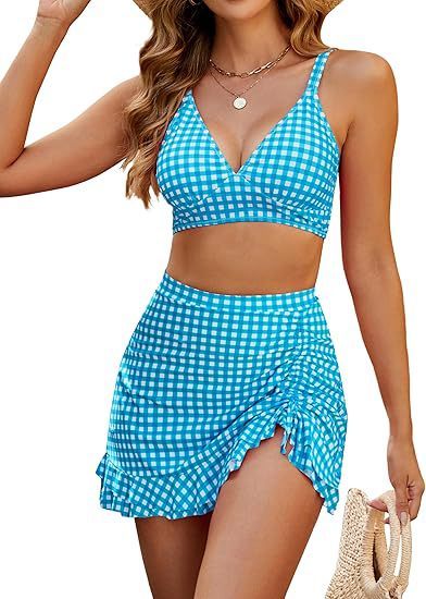 Maillot 2 pièces taille haute dos nu avec jupe froncée tendance