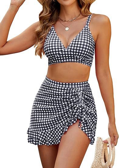 Maillot 2 pièces taille haute dos nu avec jupe froncée tendance