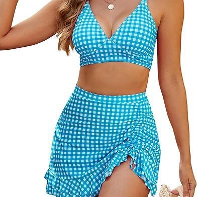 Maillot 2 pièces taille haute dos nu avec jupe froncée tendance