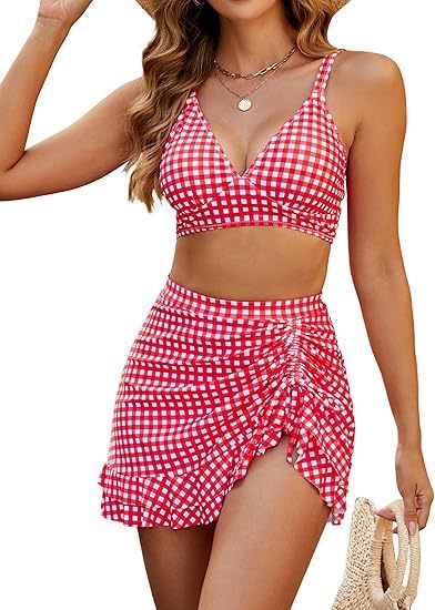 Maillot 2 pièces taille haute dos nu avec jupe froncée tendance